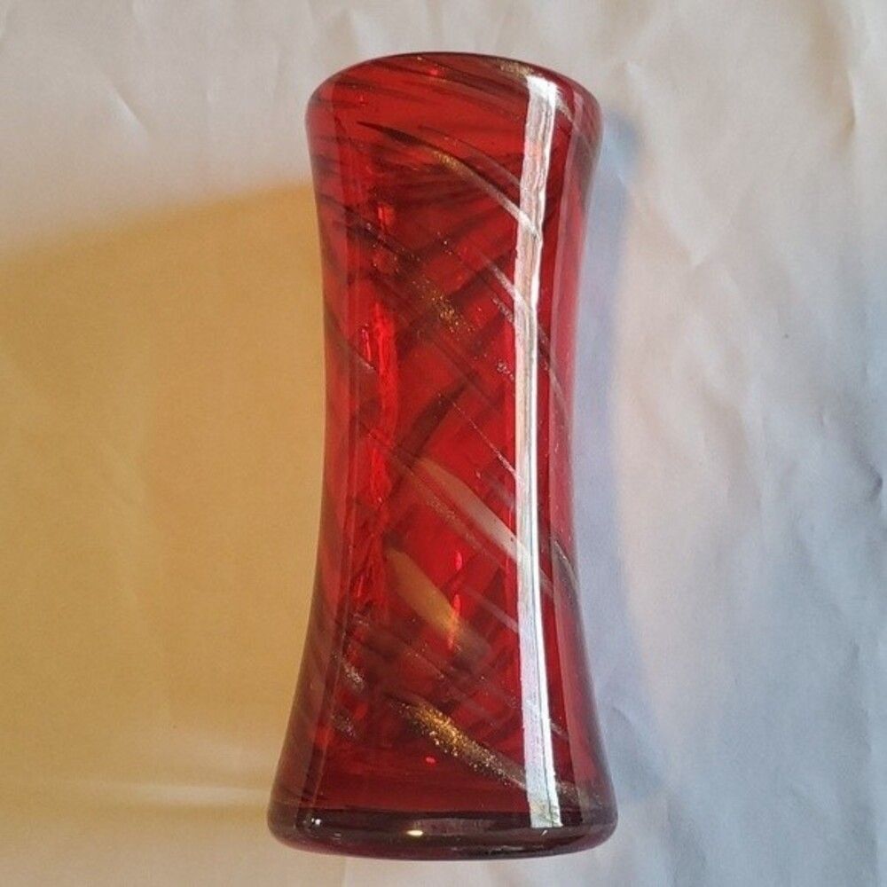 Art Glass Vase | Red with Gold & Black Swirls | Studio-Style Hand Blown MCM